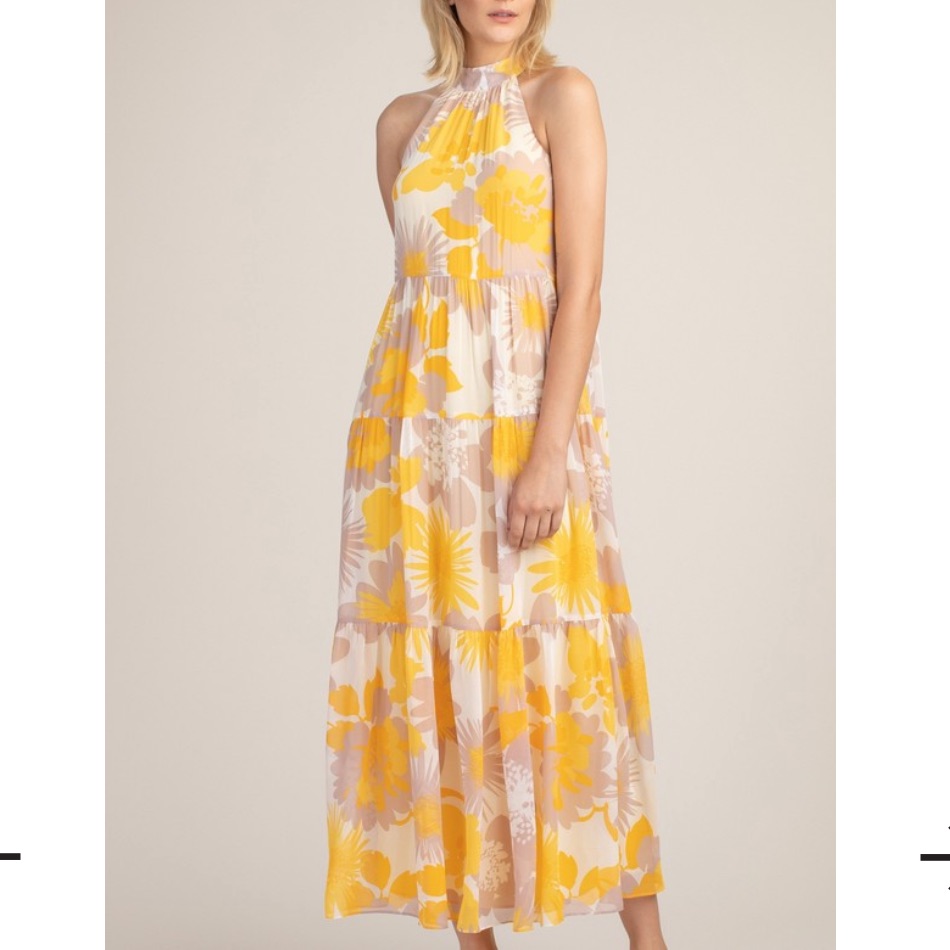Trina Turk Yellow And Cream Floral Halter Midi Dress
